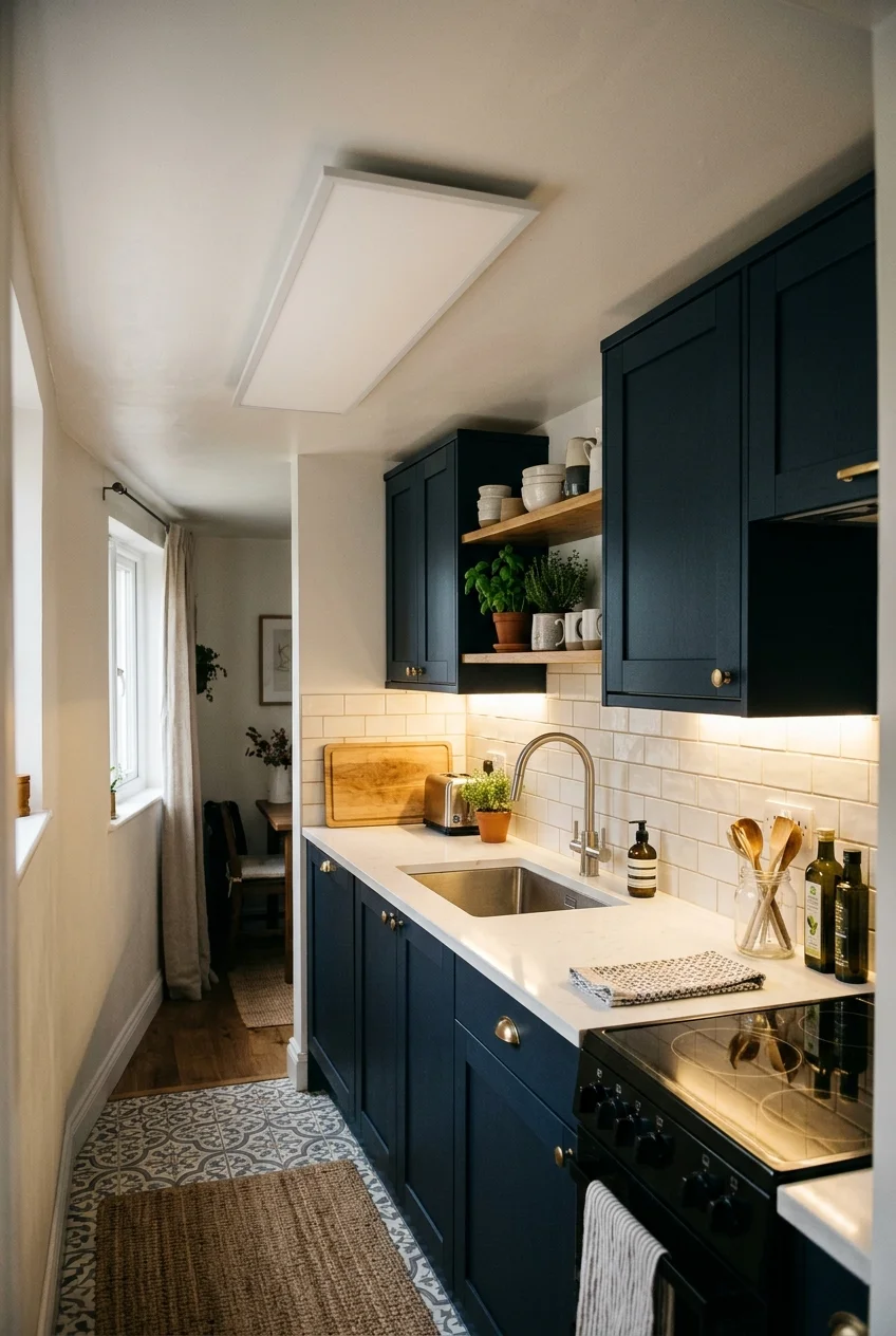 Low-profile flush-mount light in a compact kitchen