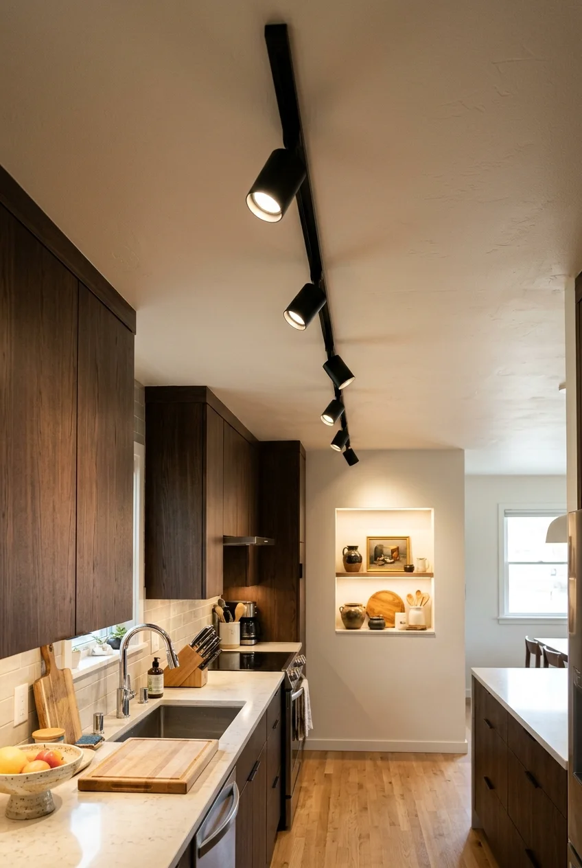 Track lights aimed at separate kitchen work zones