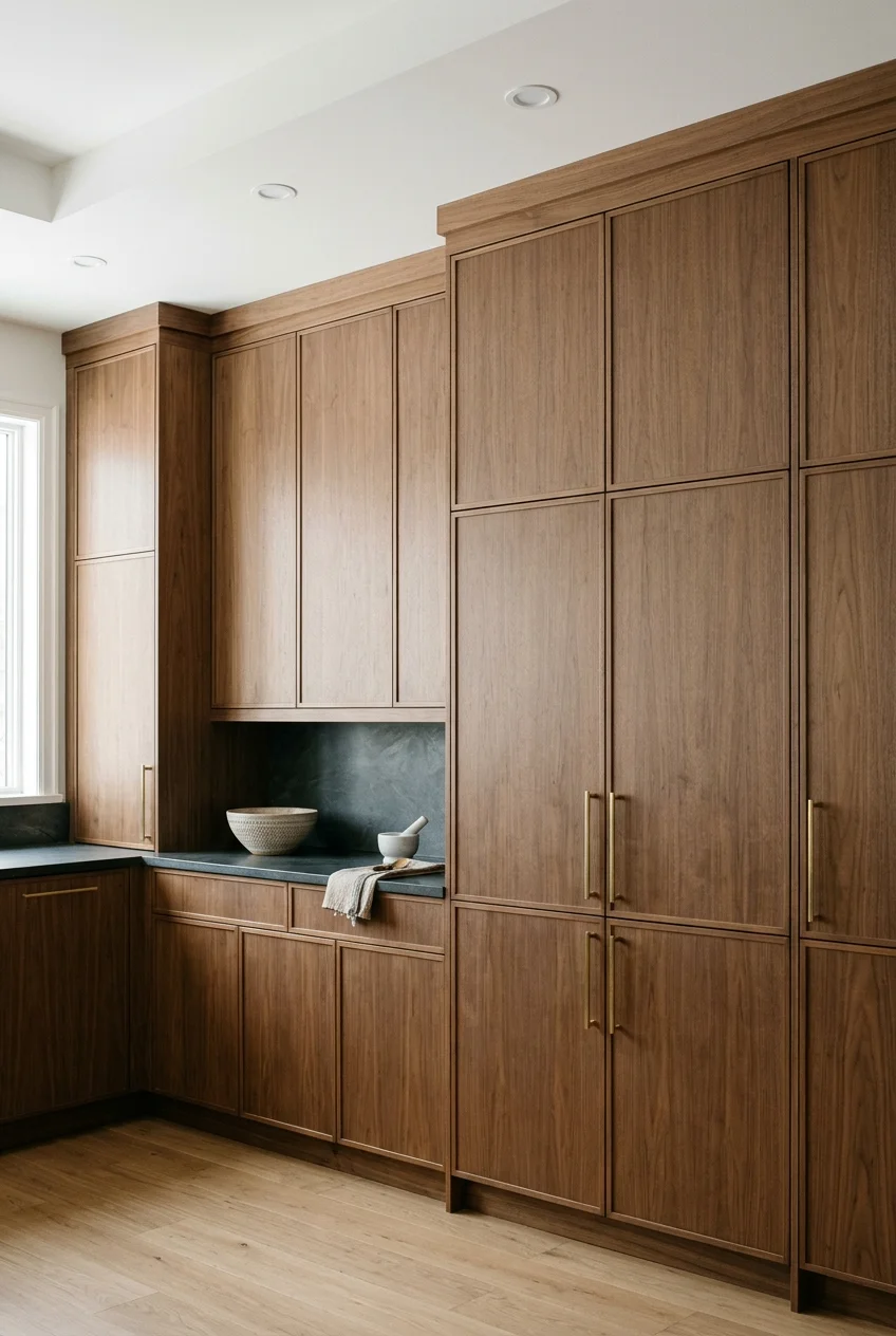 Soft ceiling light washing down tall kitchen cabinets