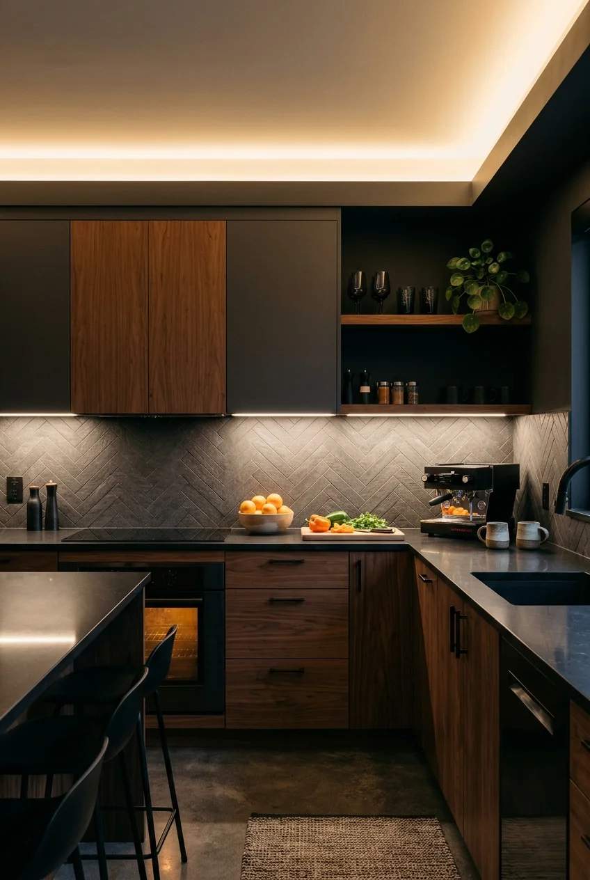 Concealed ceiling cove lighting in a kitchen