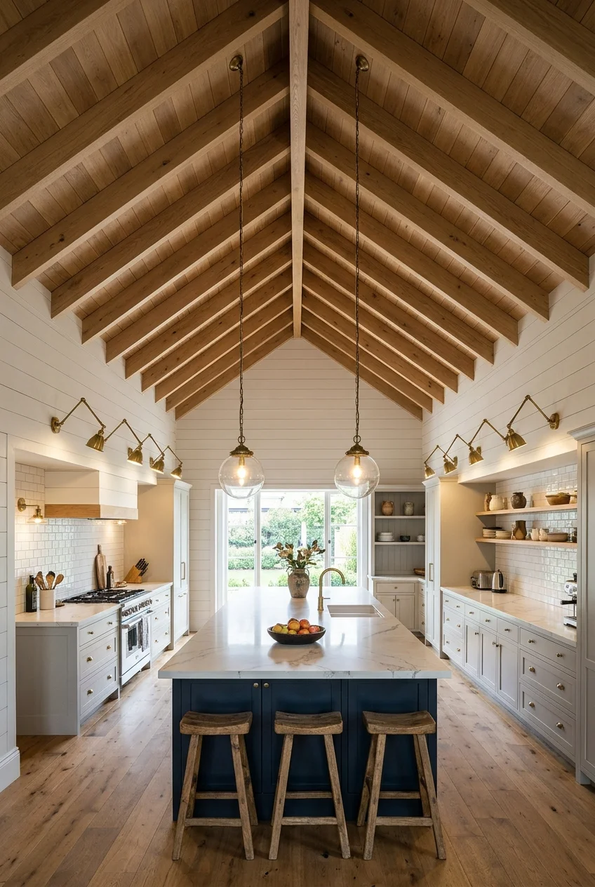 Long pendant lights in a vaulted-ceiling kitchen