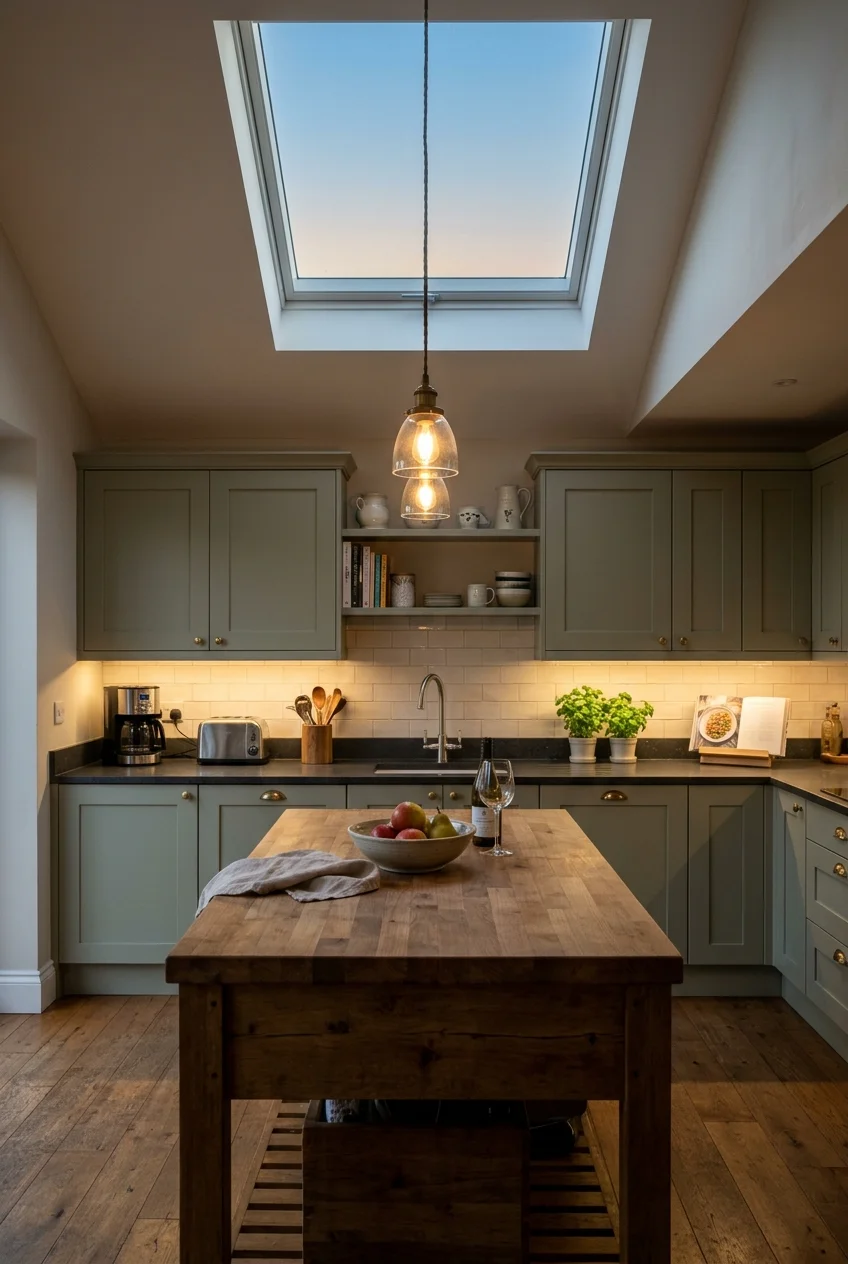 Kitchen lighting balanced with a skylight at dusk
