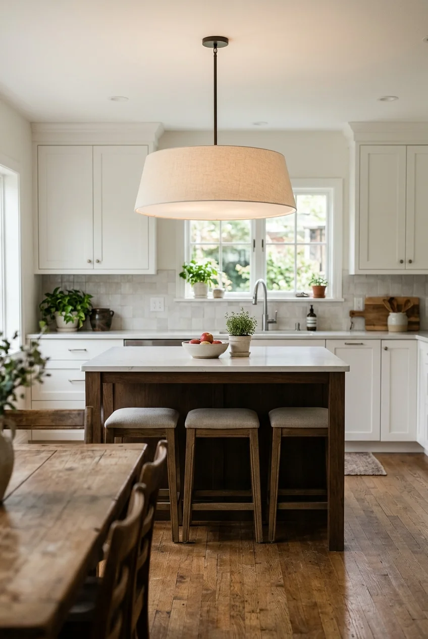 Single oversized pendant above a short kitchen island