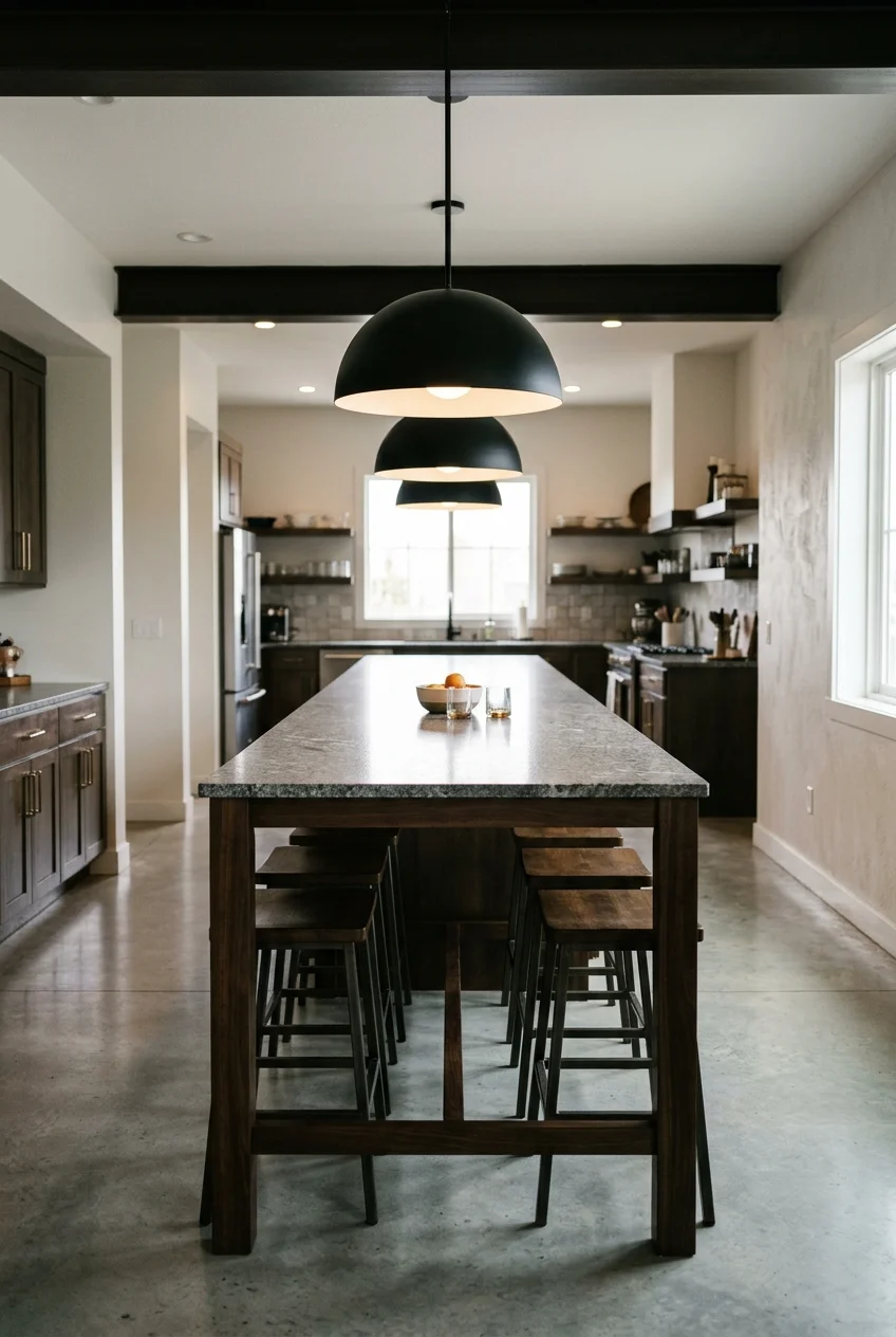 Pair of dome pendants over a long narrow island