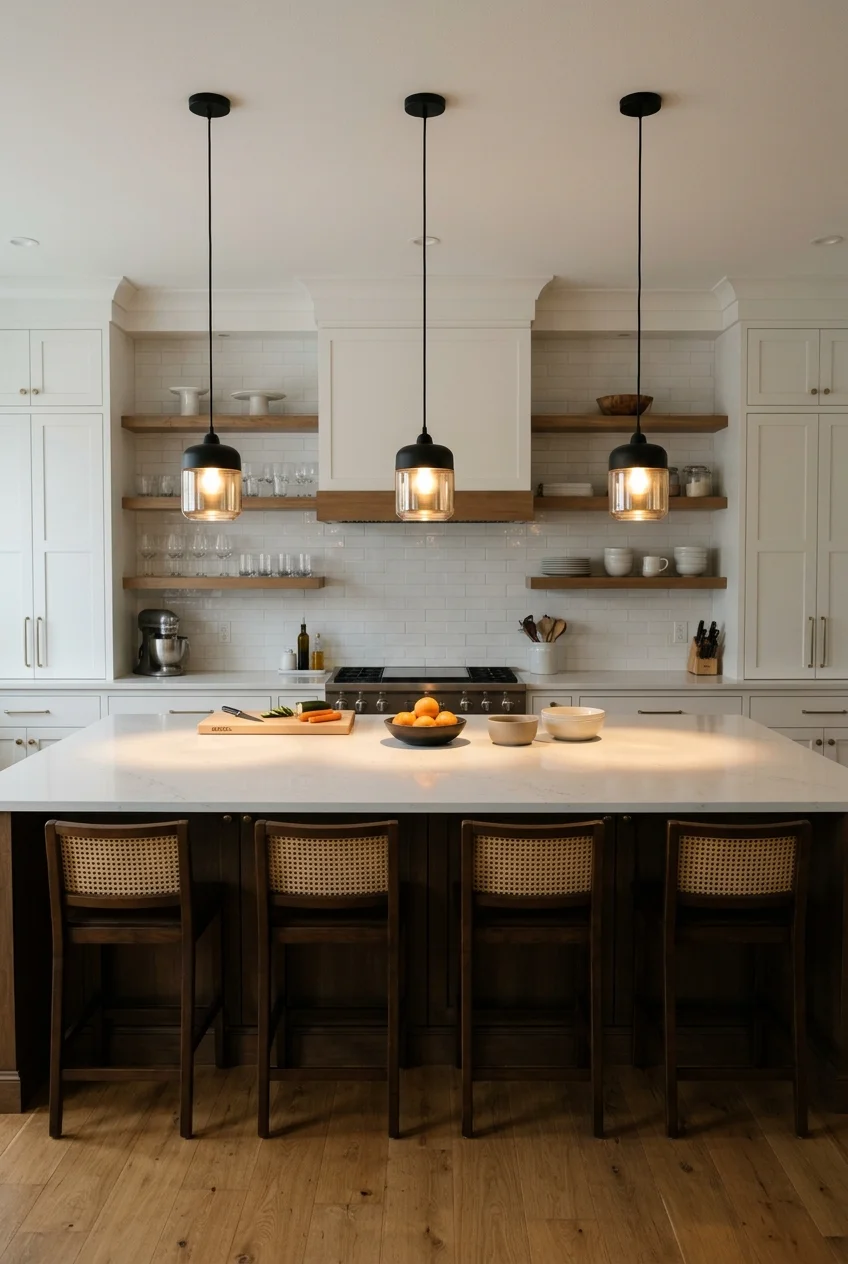 Three small pendant lights above a long island