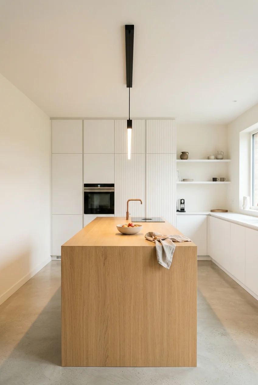 Slim linear pendant over a rectangular kitchen island