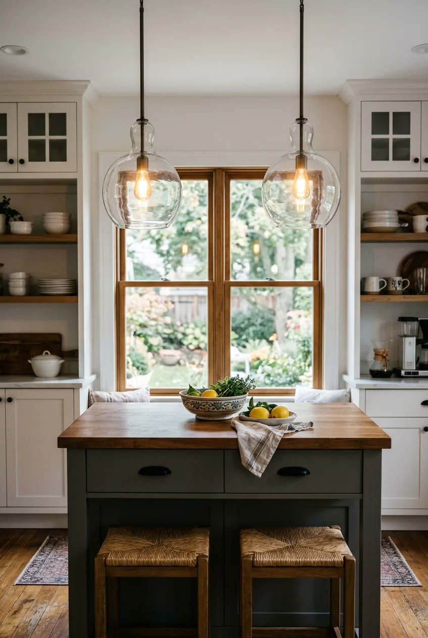 Clear glass pendants preserving kitchen sightlines