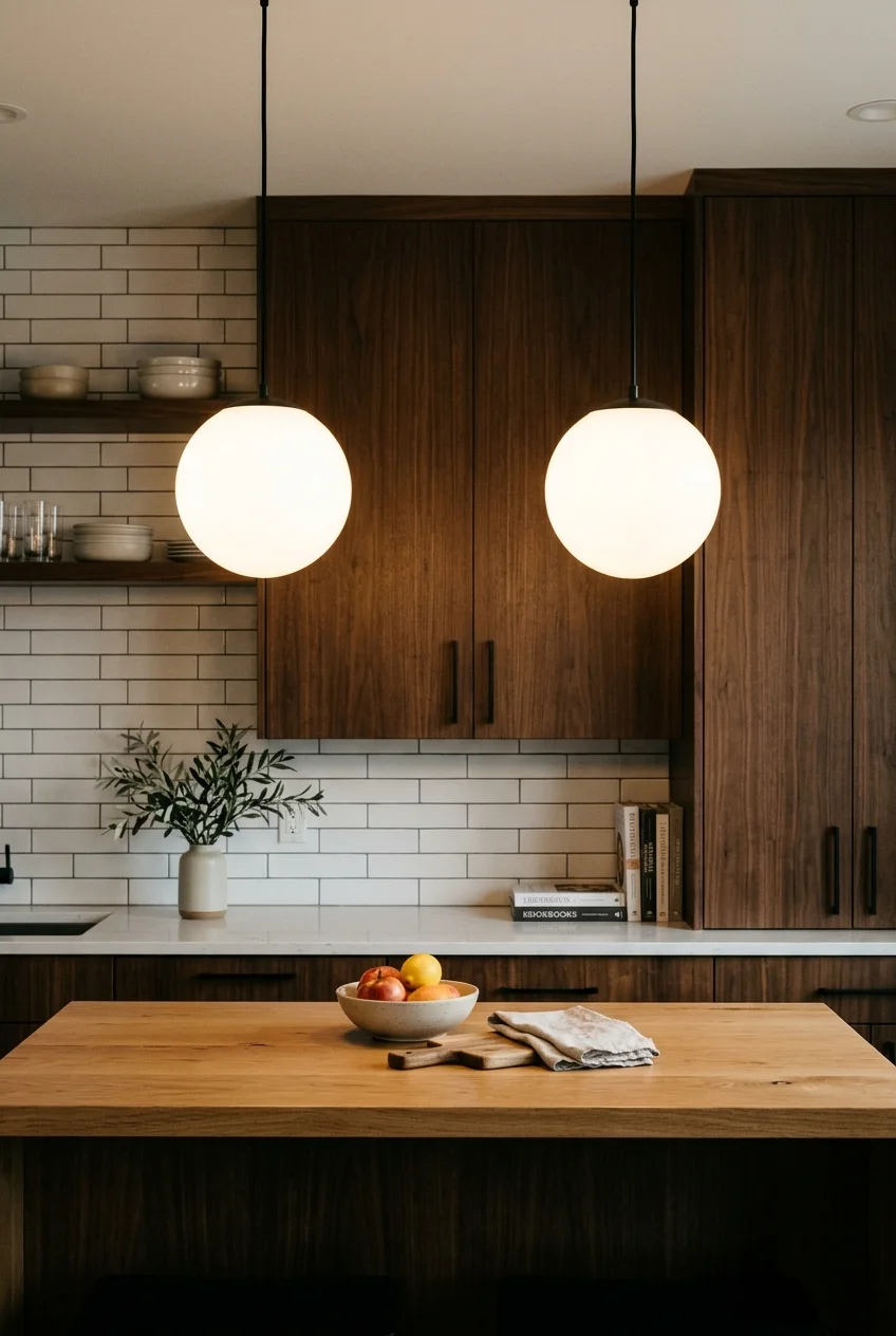 Opal globe pendant lights in a modern kitchen
