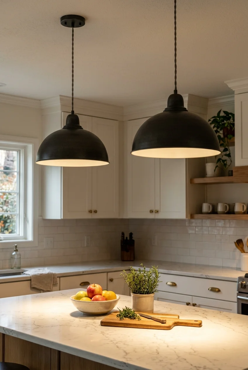 Metal dome pendants directing light onto an island