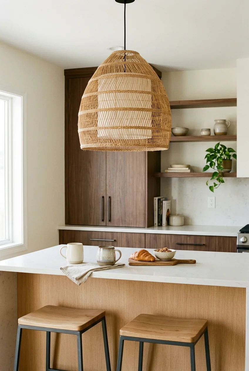 Woven pendant adding texture above a kitchen peninsula