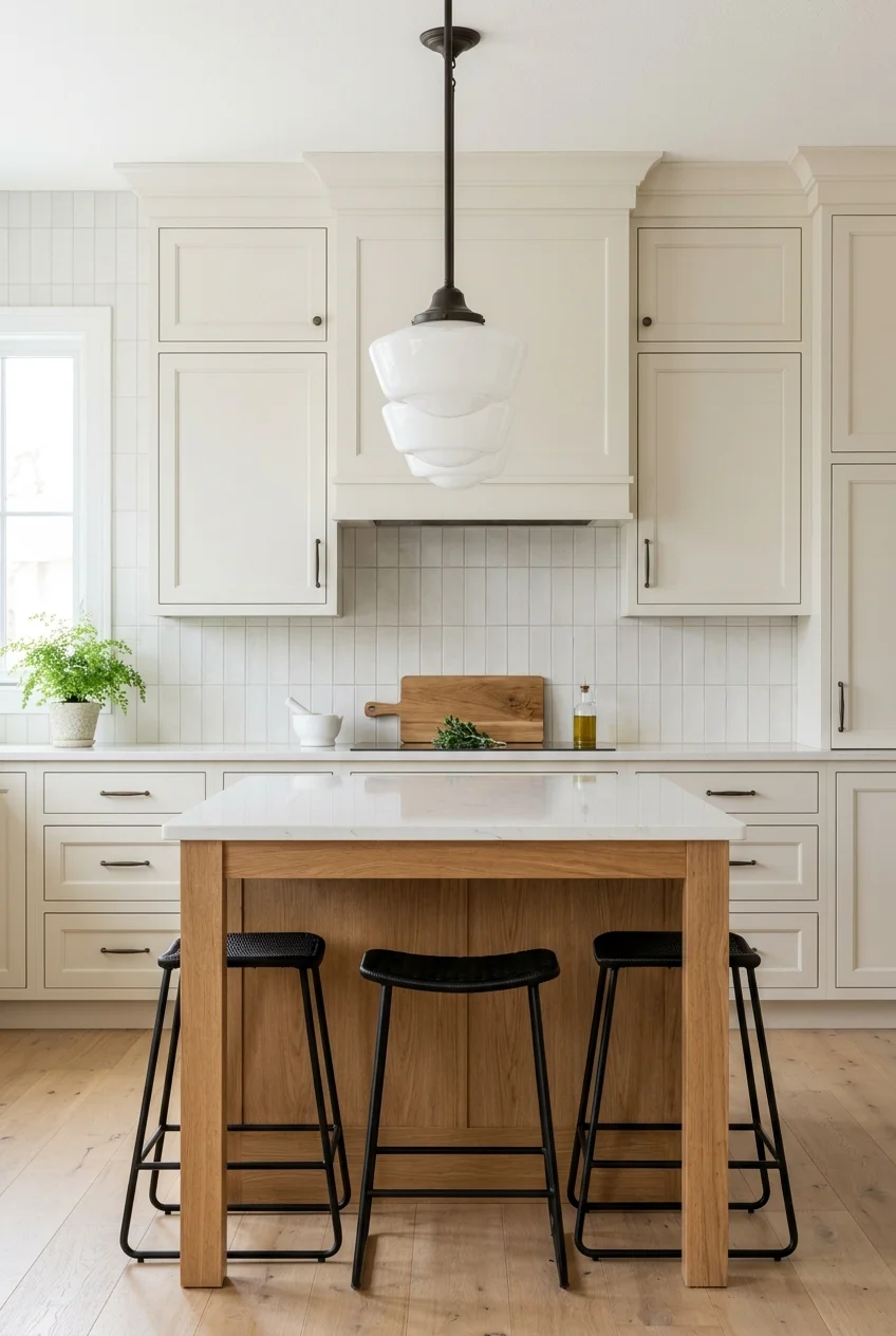Milk-glass pendant lights in a transitional kitchen