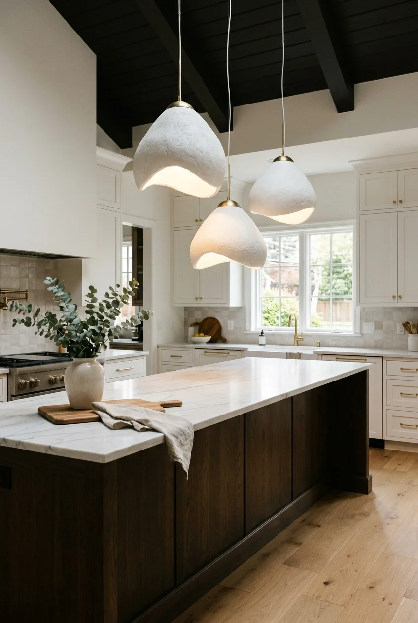 Asymmetrical cluster of sculptural kitchen pendants