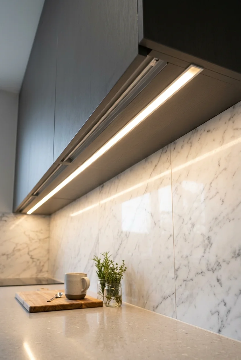 Front-edge LED strip evenly lighting a kitchen counter