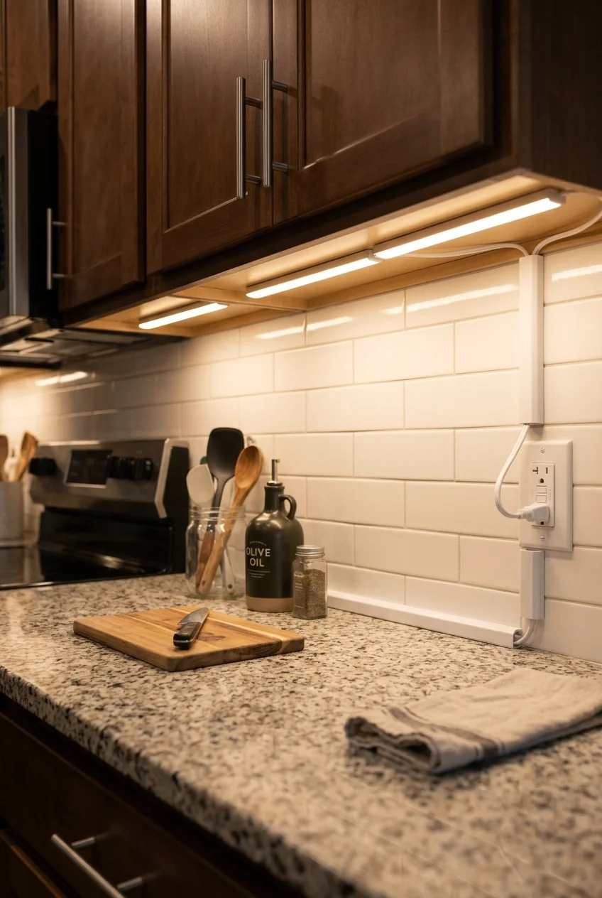 Plug-in linkable light bars beneath kitchen cabinets