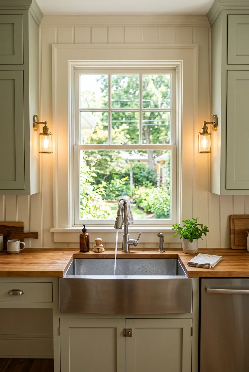 Pair of sconces flanking a kitchen sink window