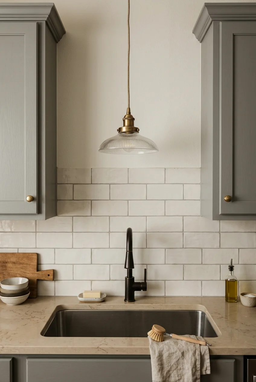 Small pendant centered above a kitchen sink