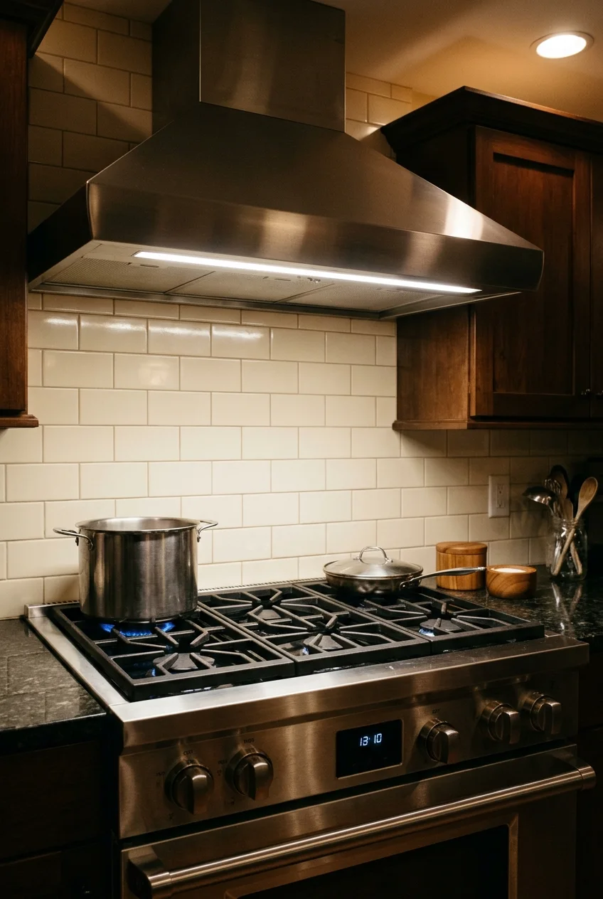 Range hood light illuminating the cooking surface