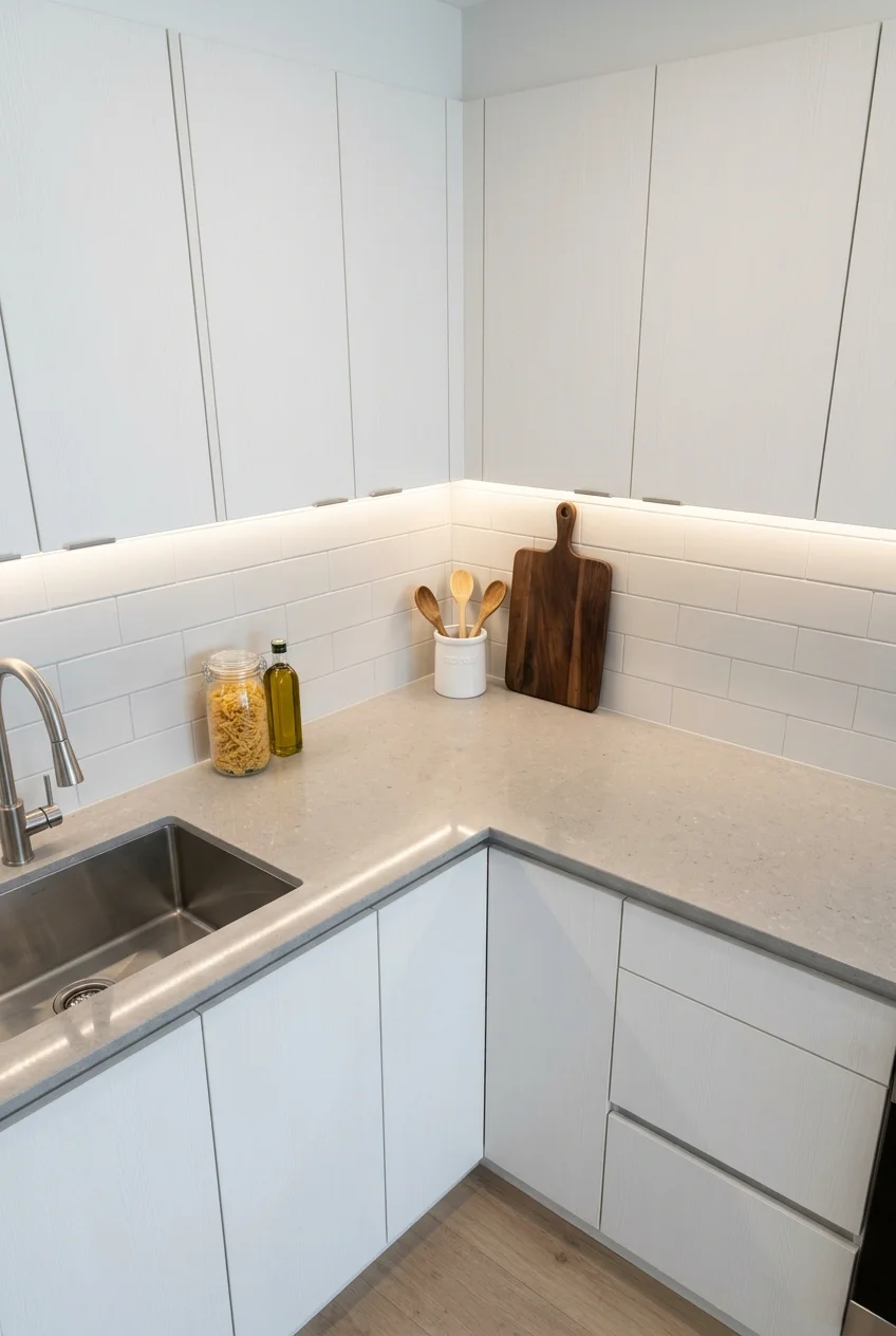 Continuous under-cabinet lighting around a counter corner