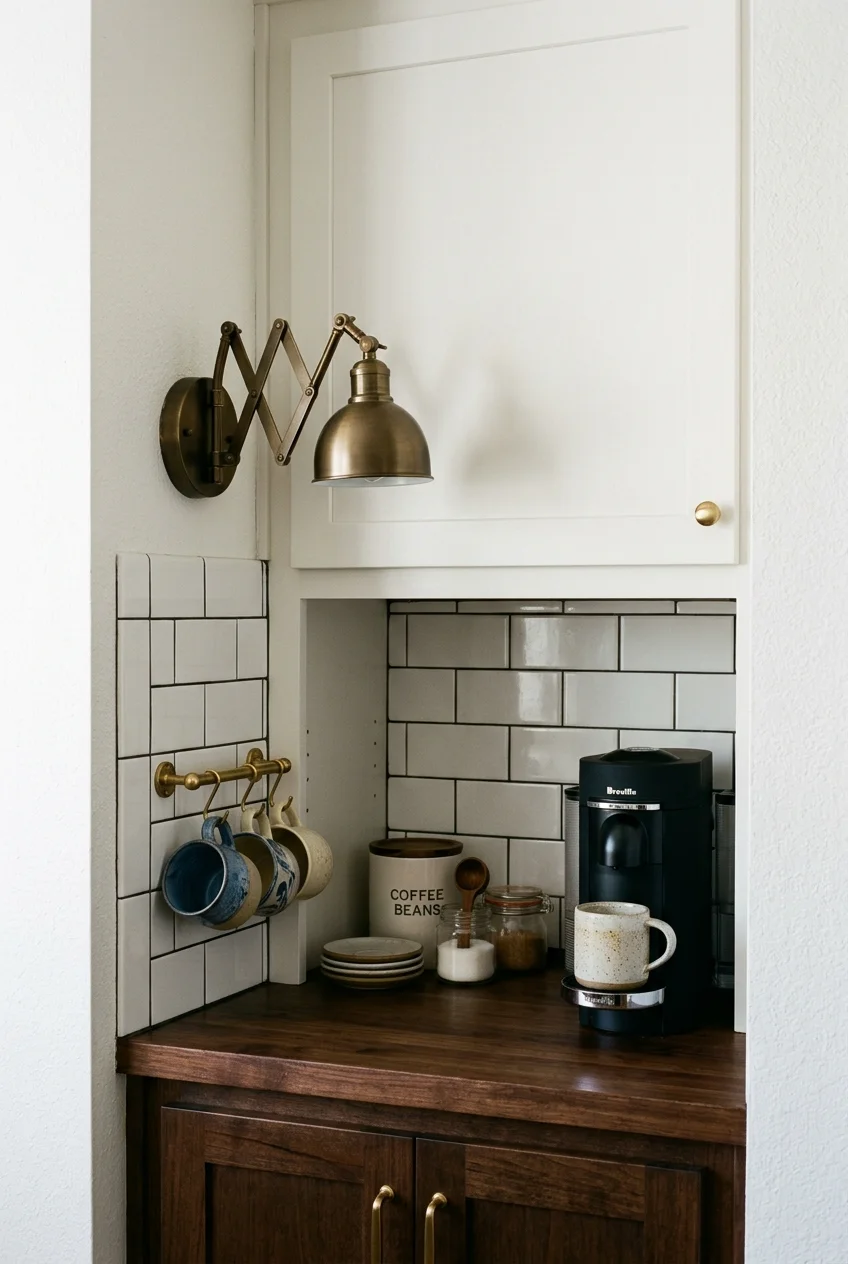 Swing-arm wall light above a kitchen coffee station