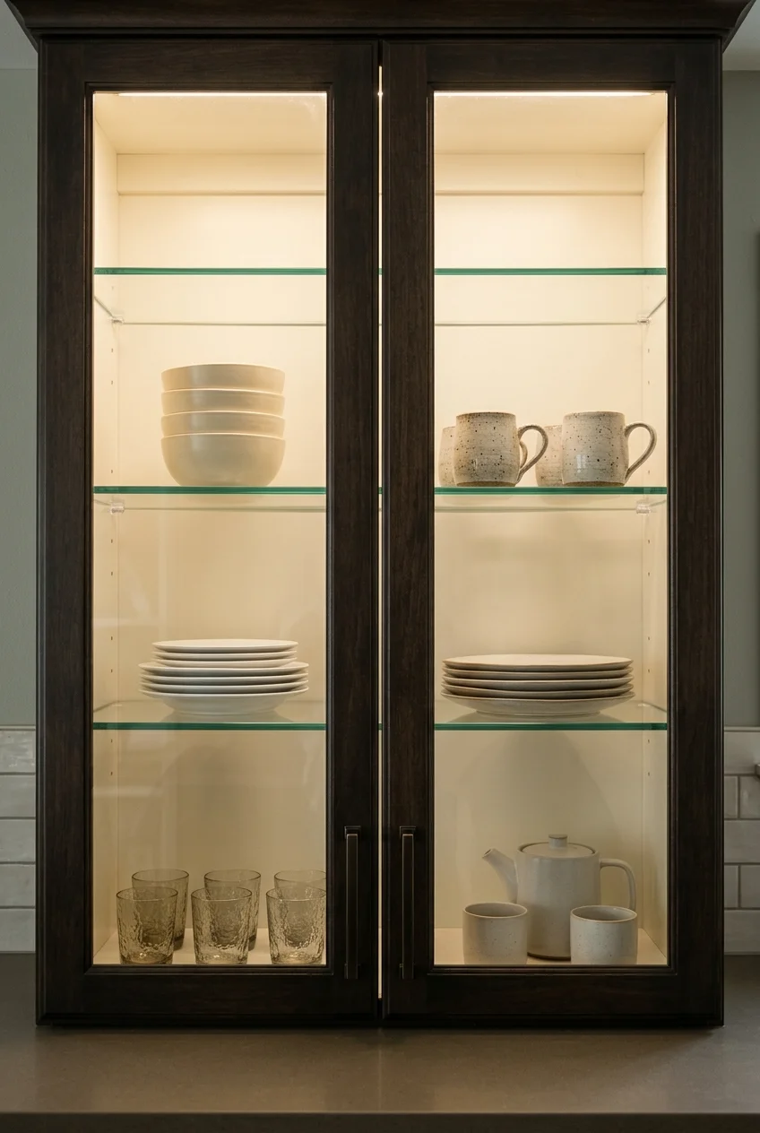 Interior lighting inside glass-front kitchen cabinets