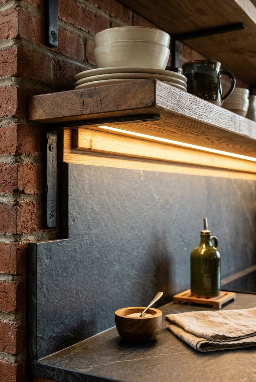 Concealed light beneath an open kitchen shelf