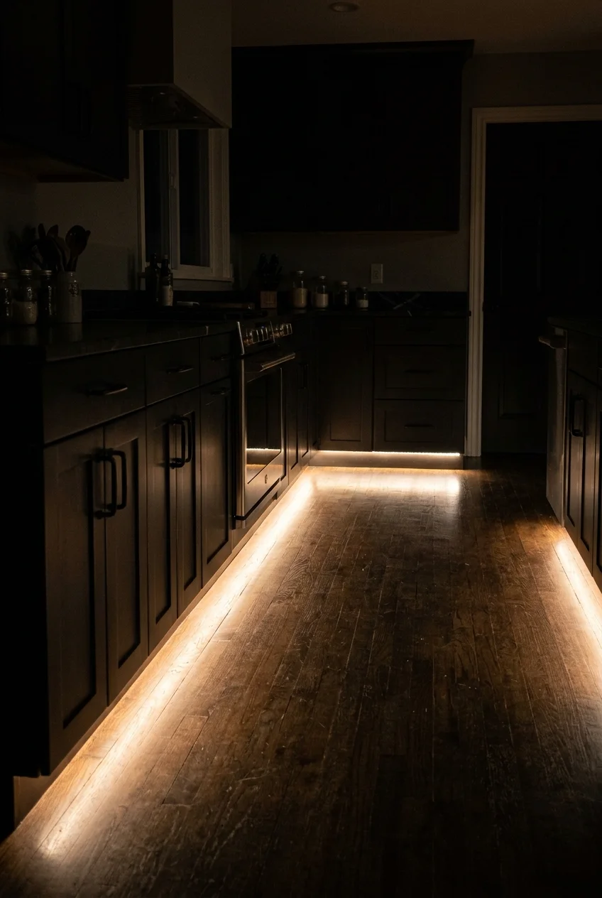 Soft toe-kick lighting guiding a kitchen path at night