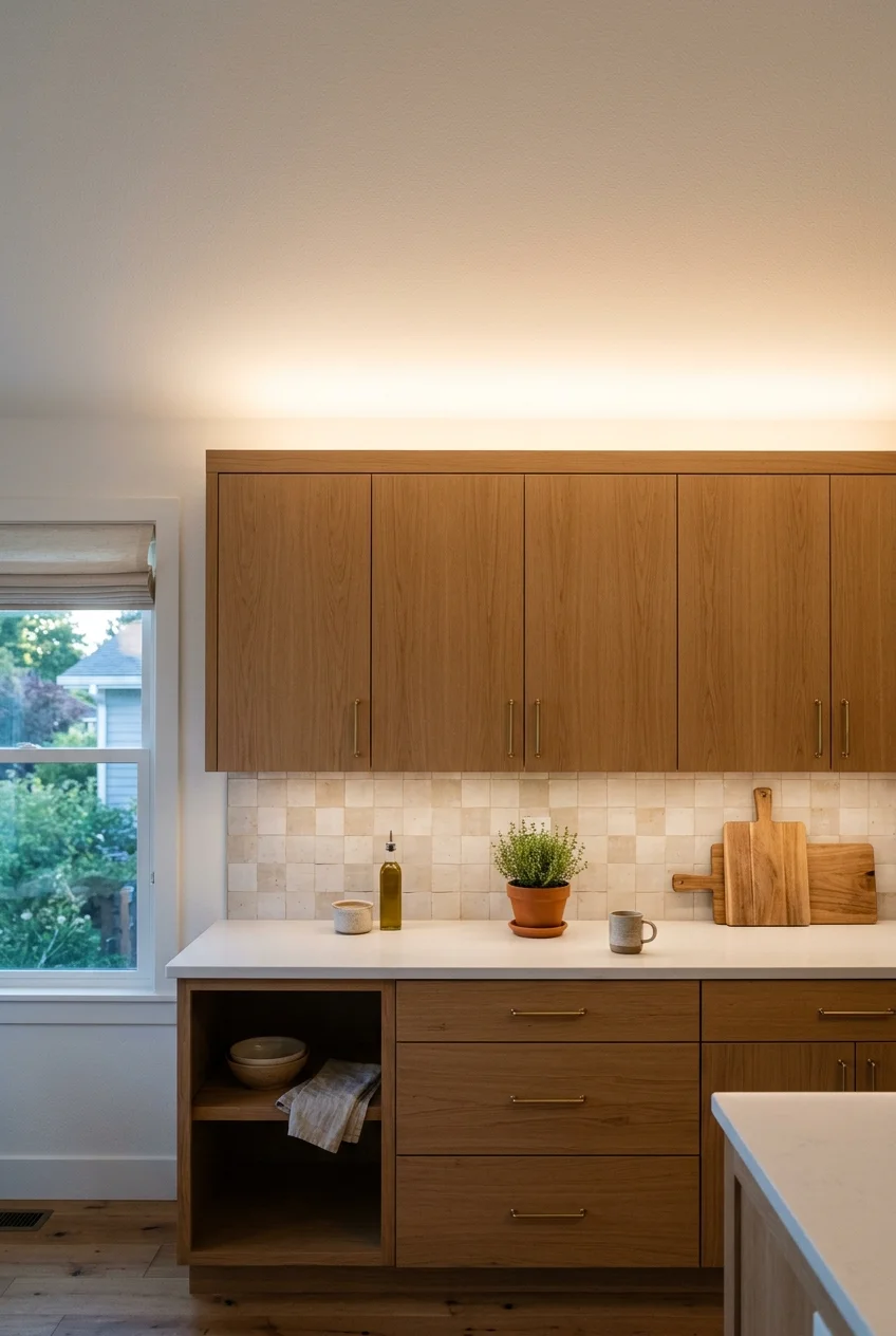 Concealed uplighting above kitchen wall cabinets