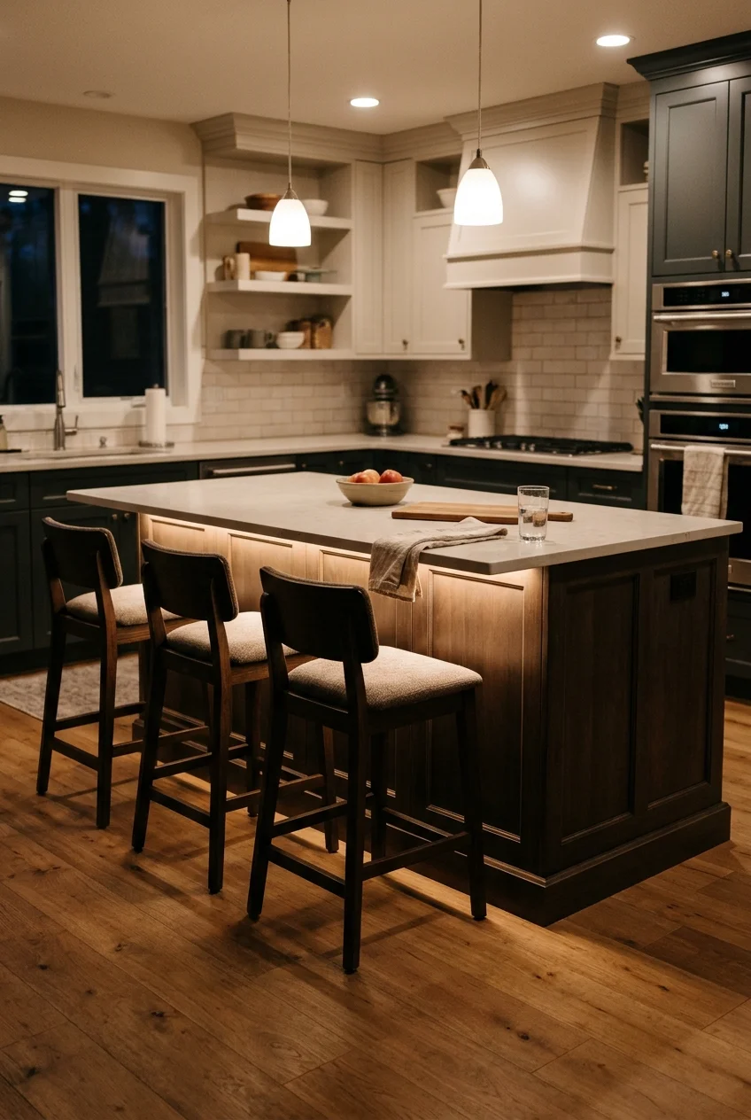 Subtle light recessed beneath a kitchen island overhang