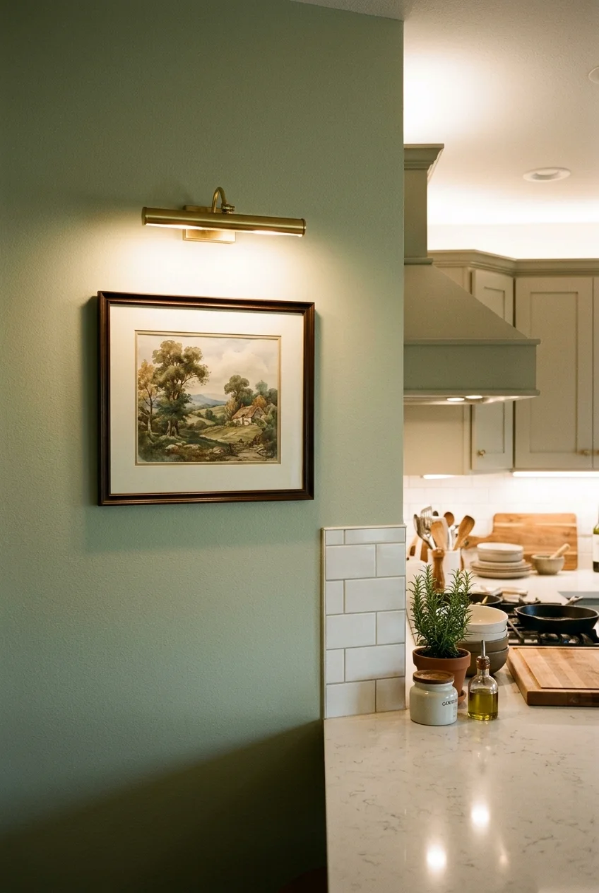 Picture light highlighting artwork beside a kitchen
