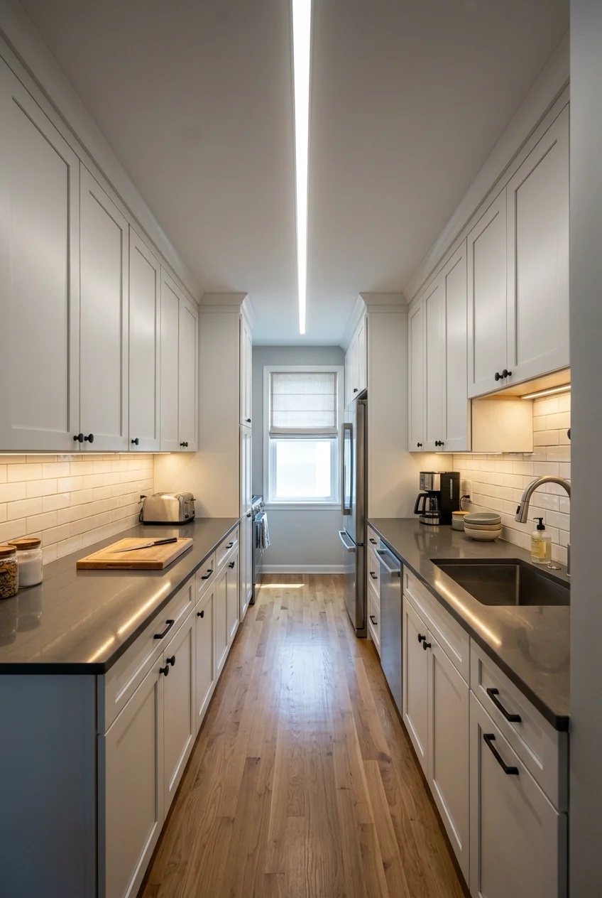 Continuous lighting along a narrow galley kitchen