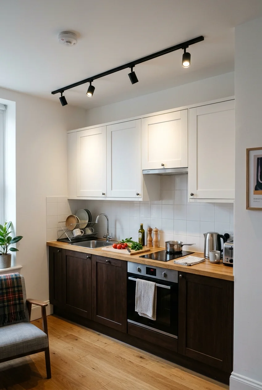 Adjustable ceiling rail in a one-wall kitchen