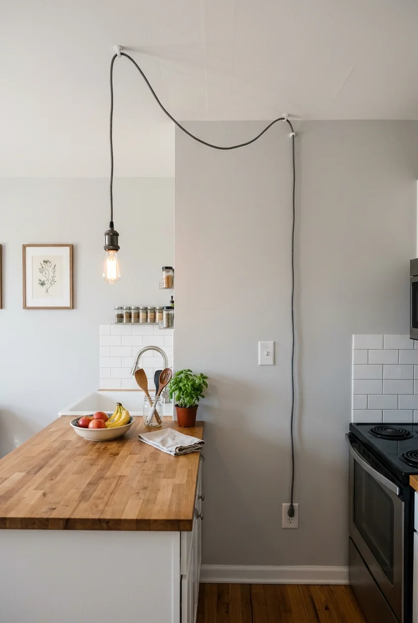 Plug-in swag pendant lighting a rental kitchen peninsula