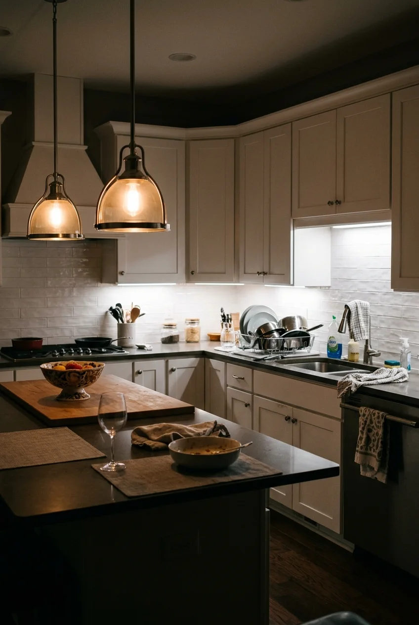 Dim-to-warm pendants creating softer evening kitchen light