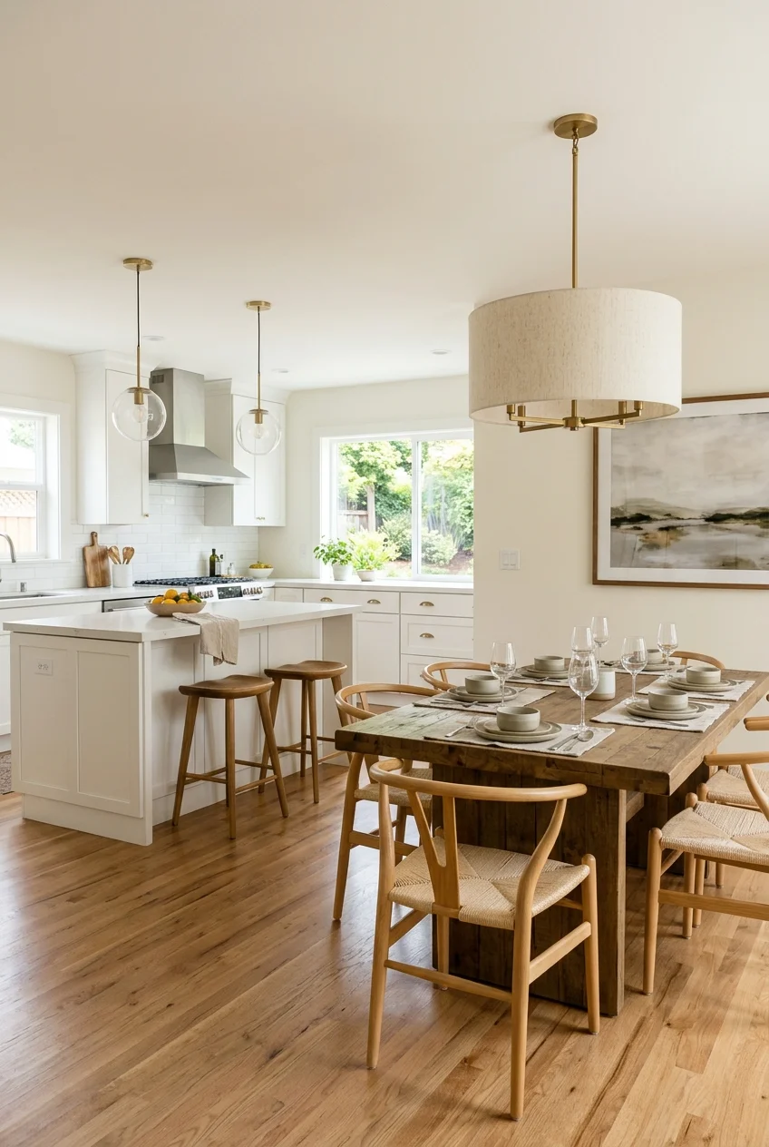 Separate chandelier centered over a kitchen dining table