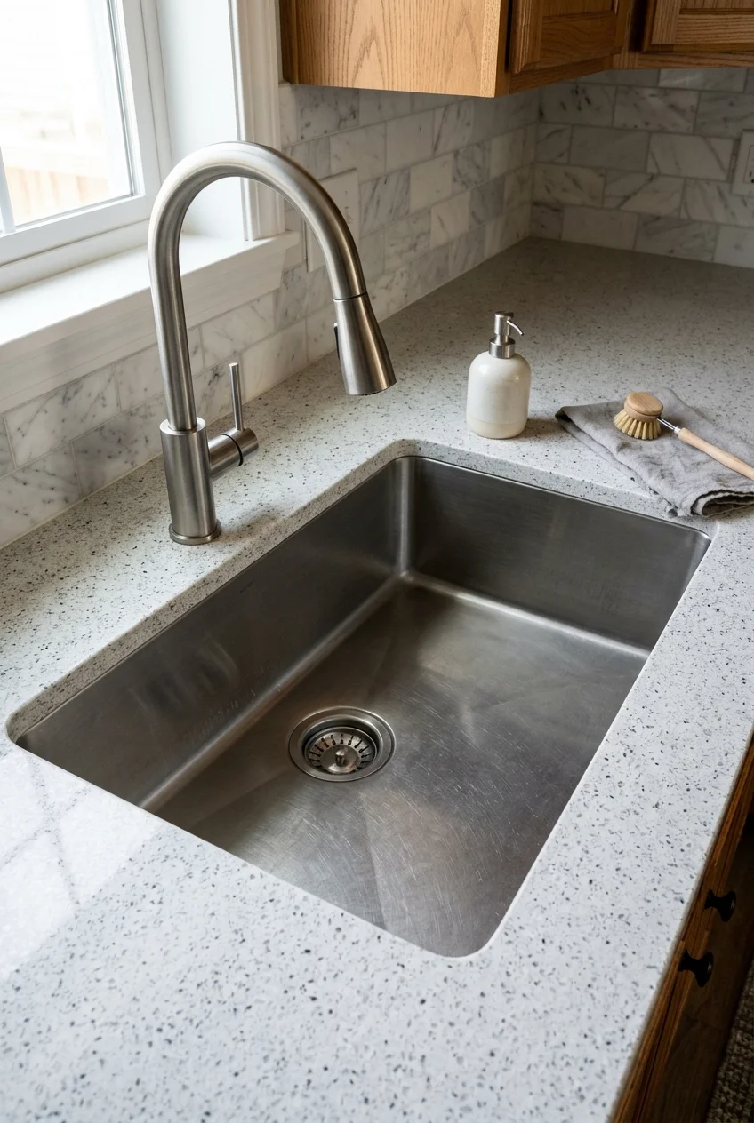 Wide single-bowl stainless-steel kitchen sink with a pull-down faucet