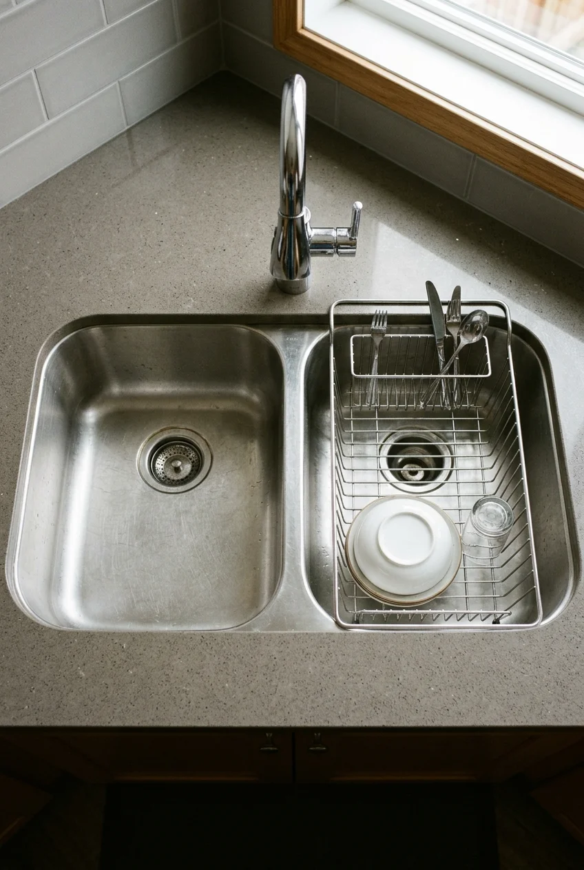 Equal double-bowl sink with a rack in one basin