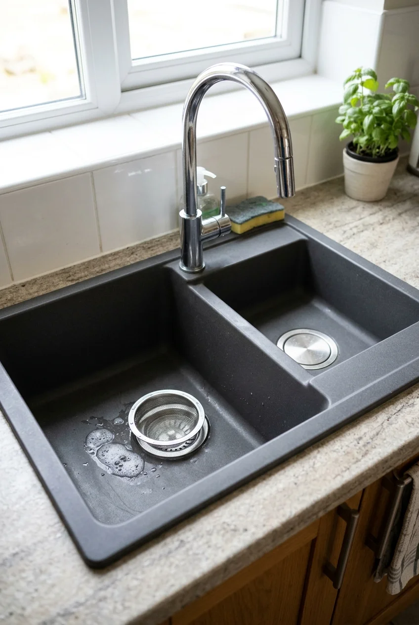 Offset double-bowl composite kitchen sink