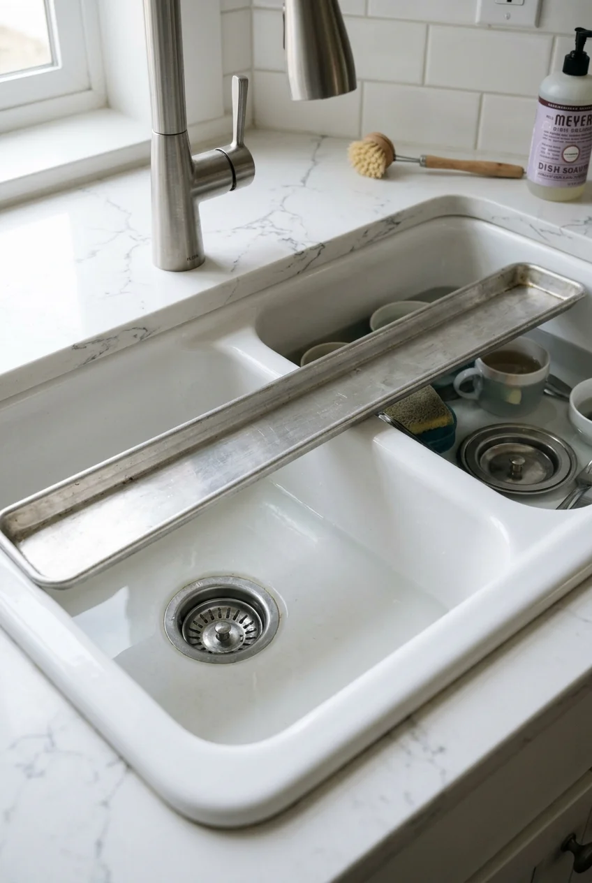 Low-divider white kitchen sink holding a sheet pan across both bowls