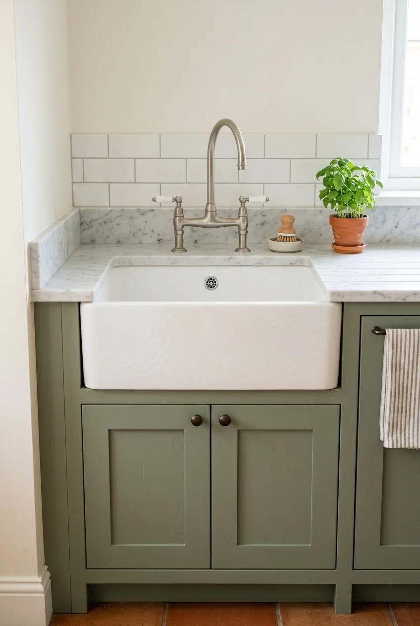 White apron-front sink fitted into a sage base cabinet