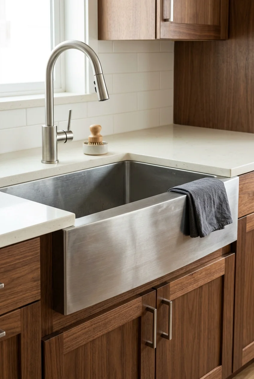 Brushed stainless-steel apron-front sink with walnut cabinets