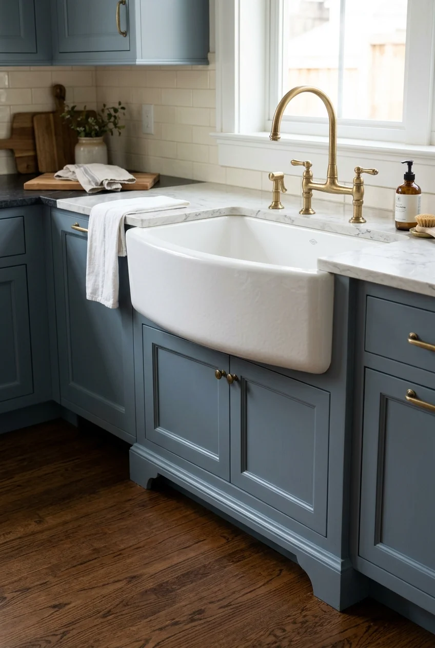 Curved white apron-front sink in blue-gray cabinetry