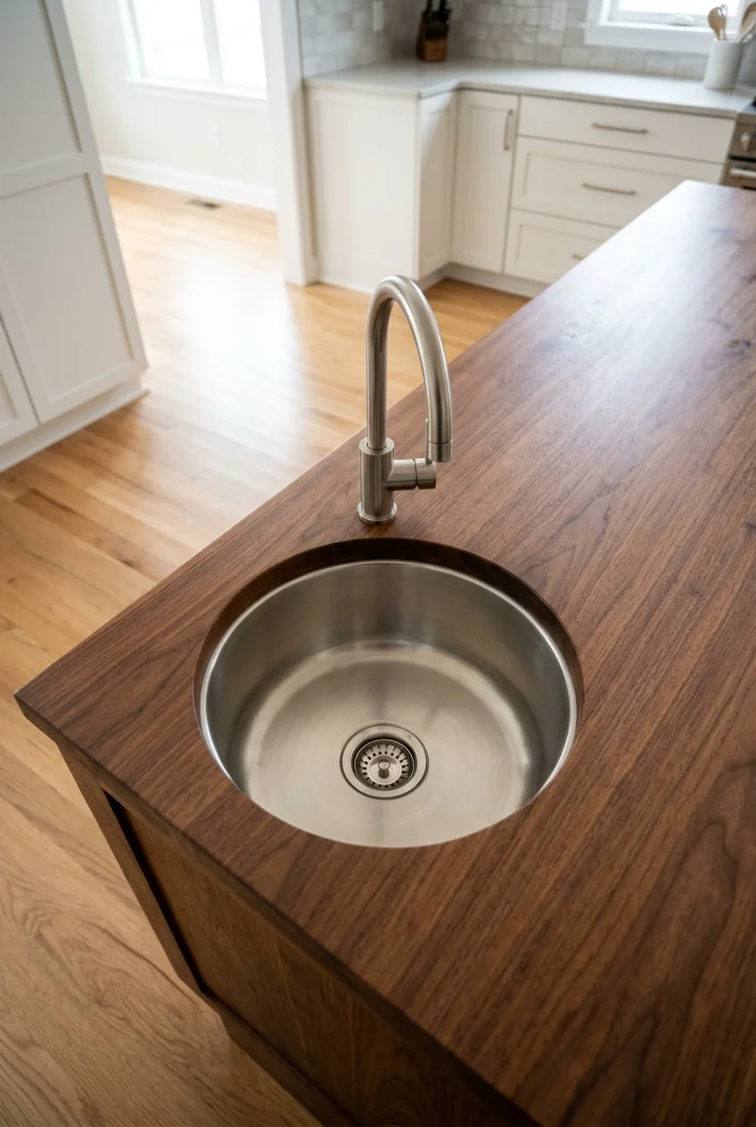 Round prep sink set into a kitchen island