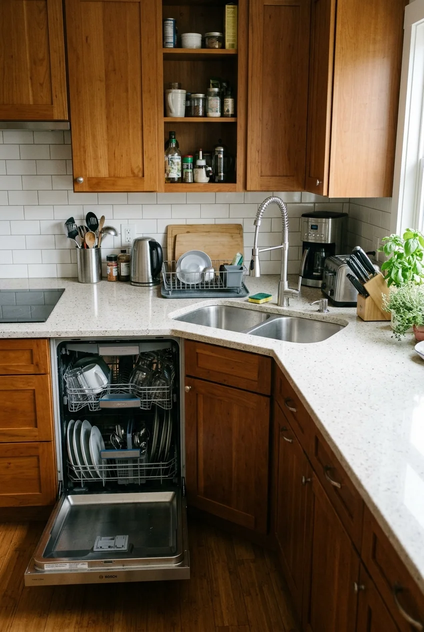 Corner kitchen sink between two counter runs