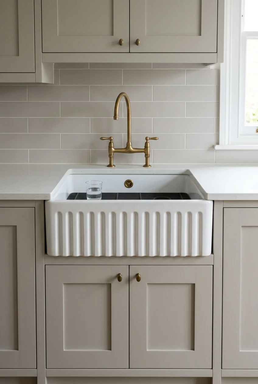 White fluted apron-front kitchen sink