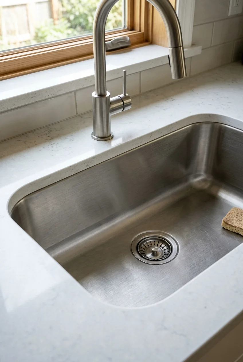 Brushed stainless-steel undermount sink with an offset drain