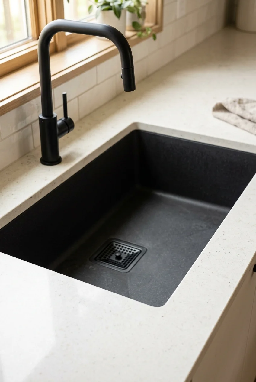 Charcoal composite sink contrasting with a light countertop