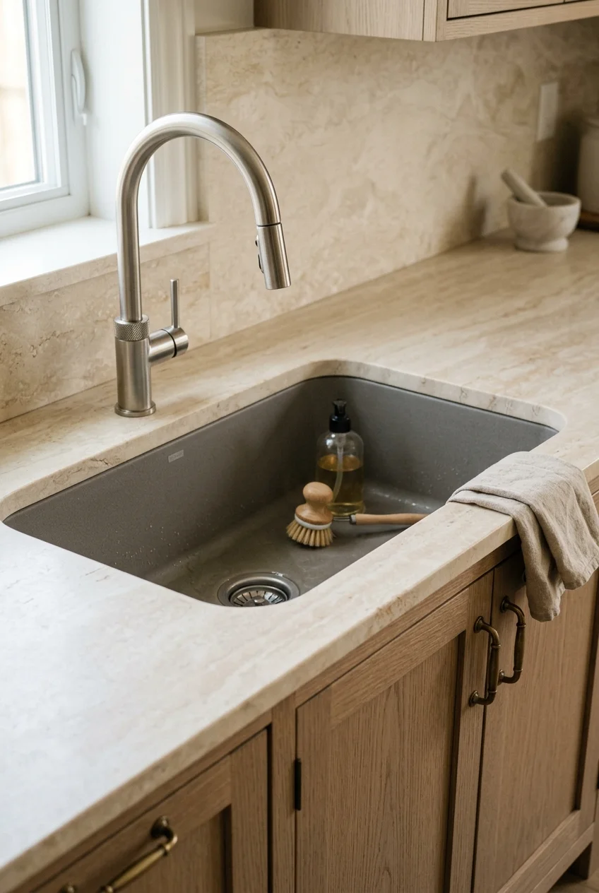 Warm-gray sink coordinated with creamy stone and oak cabinetry