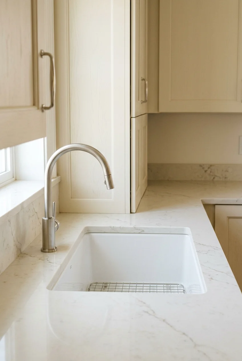 Soft-white sink with cream cabinets and a warm pale countertop