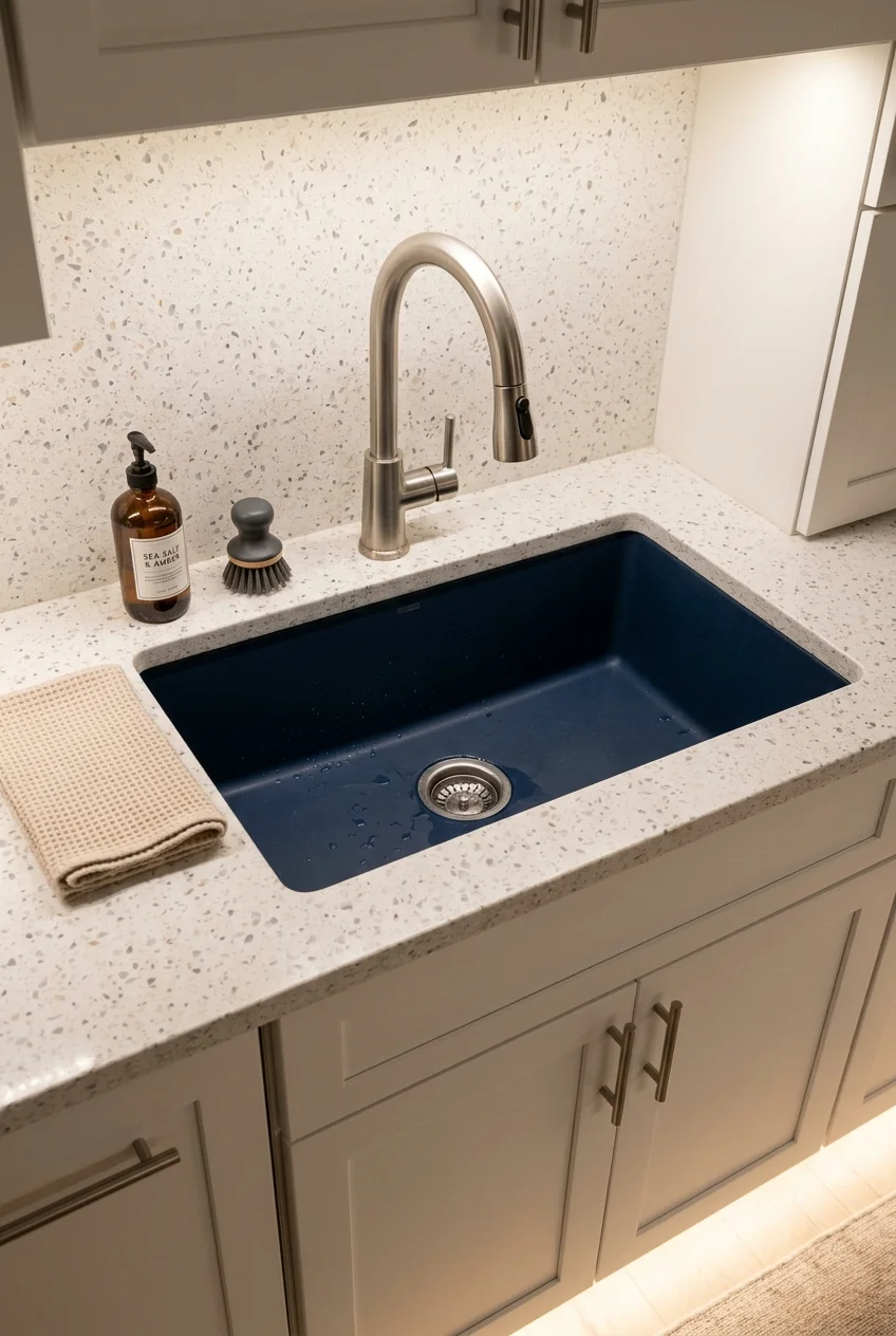 Deep blue composite sink in a pale terrazzo countertop