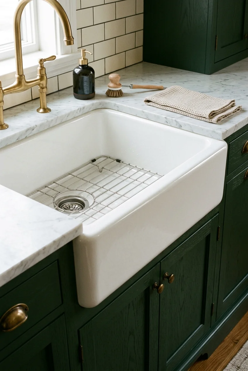 Glossy enameled cast-iron sink with a bottom rack